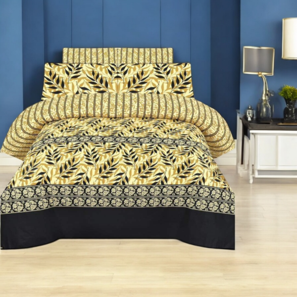 KSA-01:Black and Gold Floral King Size Bed Sheet Set