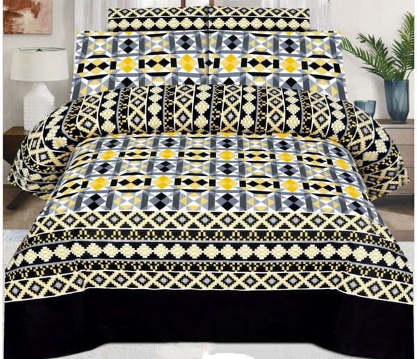 KSA-05:Black and Yellow Geometric King Size Bed Sheet Set